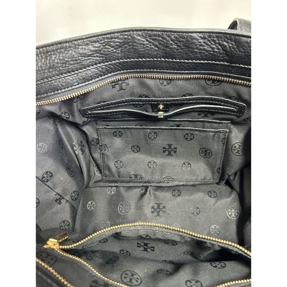 Tory Burch Meyer Plaque Pebbled Leather Tote Bag in Black - Picture 7 of 11
